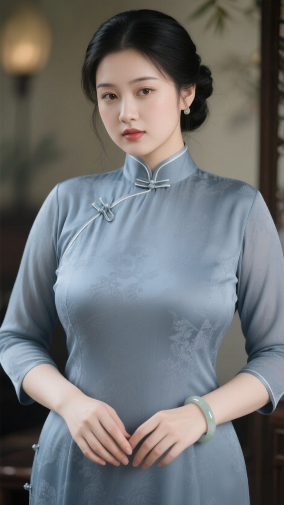 小姐姐身穿烟灰色旗袍，尽显东方柔美。  盘扣勾勒肩颈线条，开衩流露灵动...