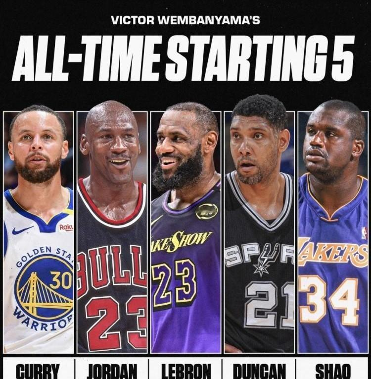 文班亚马最近选了他心里的历史最佳阵容，挑了库里、乔丹、詹姆斯、邓肯还有奥尼尔。
他聊到库里的时候，专门提到库里改变了整项运动的打法。
仔细想想还挺有意思的。
文班亚马自己两米二十多，在场上却经常跑出来投三分。
要是放在奥尼尔和邓肯打球的那个年代，大个子跑到离篮筐那么远的地方投篮，估计得被教练立马换下