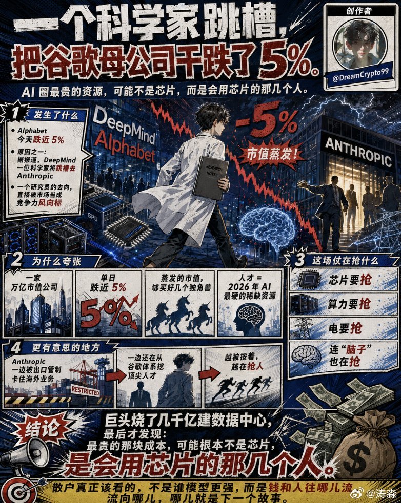 一个科学家跳槽，把谷歌母公司干跌了 5%。   就这么夸张。Alpha...