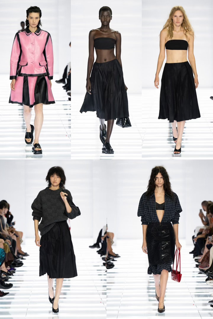 #K先生时装周笔记#PRADA S/S 2027 Milan
2027春夏米兰时装周｜PRADA
本季整个系列全部以裙装作为核心单品进行创作，无论高露肤度、截然相反的材质搭配，还是腰间随意贴合的魔术贴，或辅以珠宝或刺绣的细节，Miuccia Prada和Raf Simons都在以或华丽精致或刻意保留粗放细节的方式，拆解裙装在多场景与身 ​
