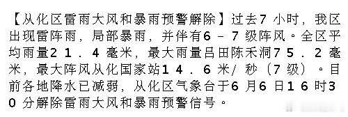 【从化区雷雨大风和暴雨预警解除】过去7小时，我区出现雷阵雨，局部暴雨...