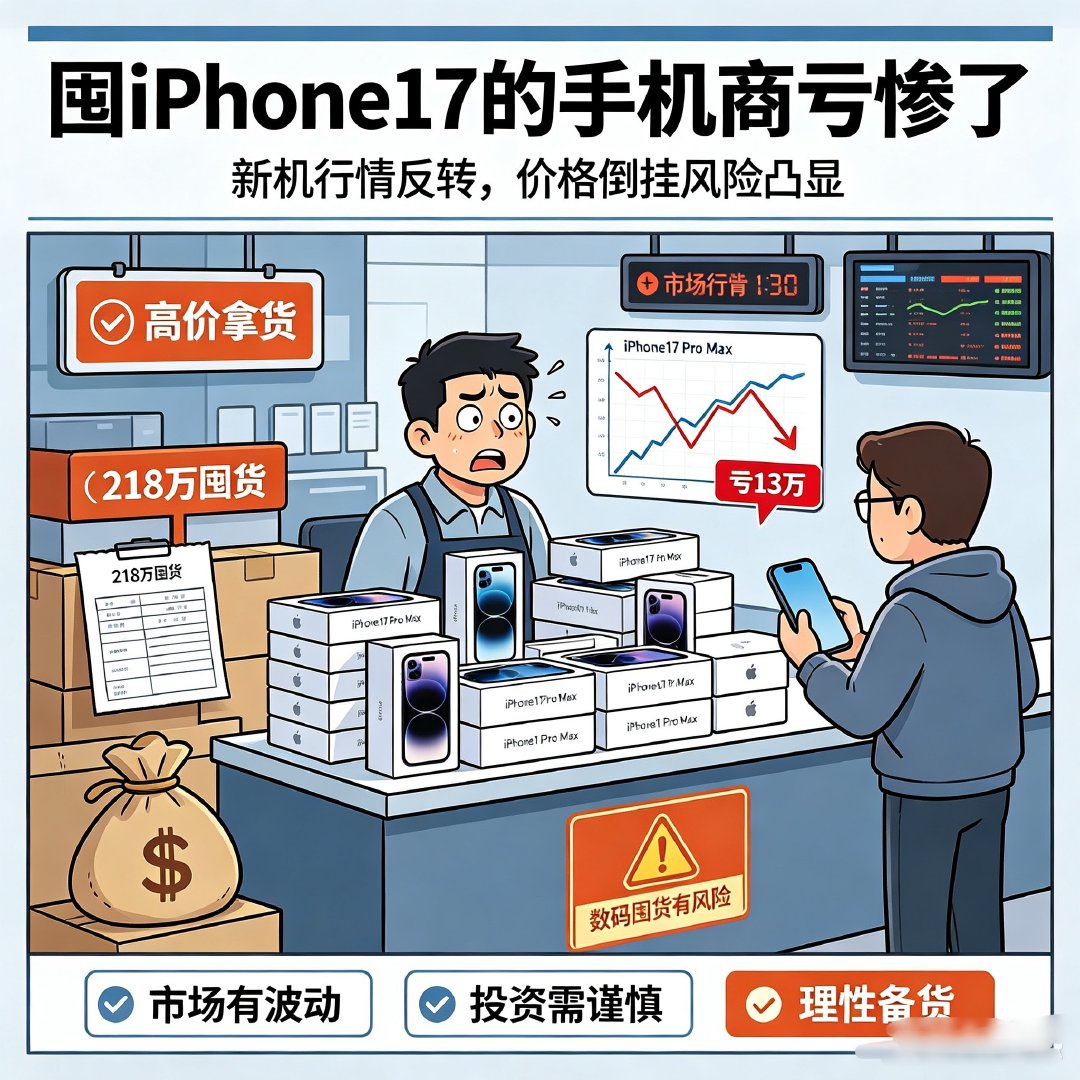#囤iPhone17的手机商亏惨了#谁能想到，有人砸218万囤苹果手机，反倒亏了13万！
郑州这位商家囤了230台iPhone17 Pro Max，本来想等新机发布赚差价，结果行情直接反转，价格倒挂，只能割肉甩货。 ​