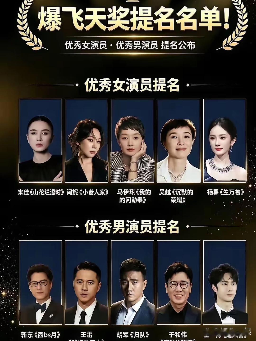 飞天奖10月9号在烟台开奖，48部作品抢16个奖，单项奖只有4个，现场开盲盒。
最刺激的悬念就一个：于和伟和宋佳，能不能一口气把三大奖凑齐。
于和伟今年凭《沉默的荣耀》刚拿了白玉兰和金鹰，就差飞天这一座。宋佳也一样，《山花烂漫时》让她连下两城，飞天再拿下，直接大满贯封神。今晚两人都确认出席 ​
