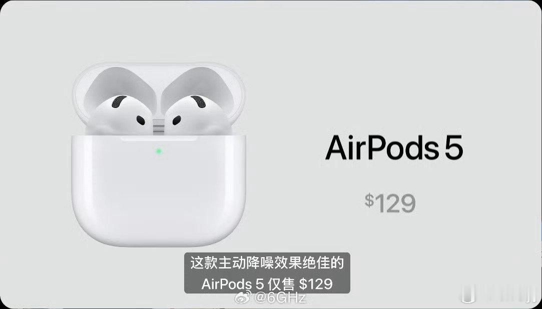 AirPods 5 采用无耳塞设计，全新设计的多孔扬声器 和 新一代的均衡感
让空间音频的声音更沉浸和动感，环绕感十足，配合主动降噪功能表现更强
现在降噪效果比 AirPods 4多 50% 
价格没涨，129美元 
#苹果发布会# ​