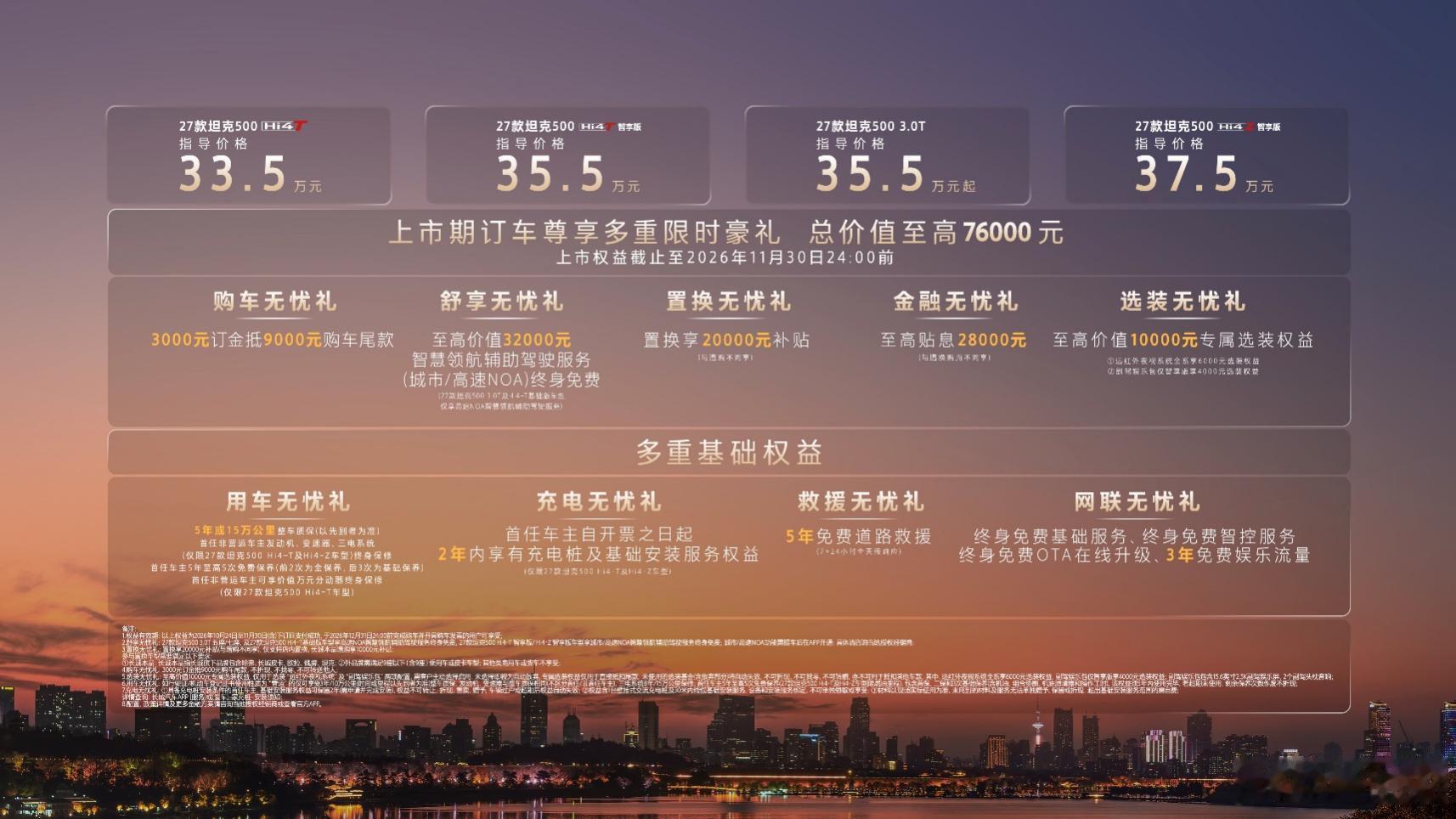 27款坦克500上市，33.5万-37.5万元。

新配色以外，主要升级Coffee Pilot 4辅助驾驶、双联屏座舱、夜视和爆胎控制等同步升级，共296项优化，增配不加价。

分享给越野潜在的老炮儿们[不愧是你] ​