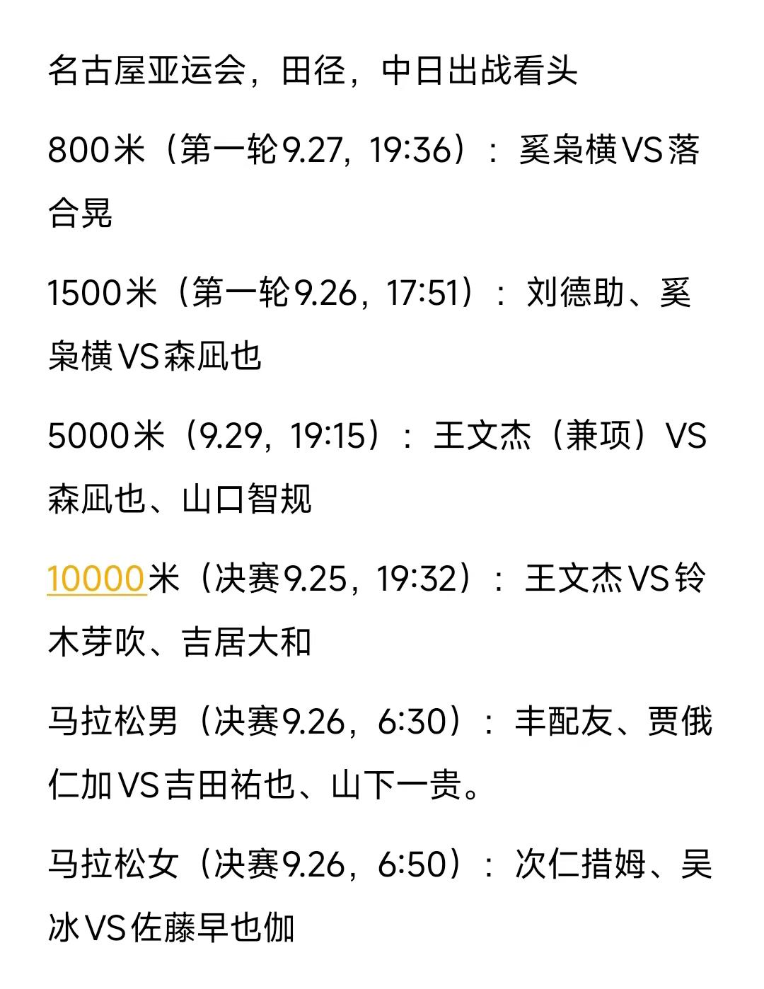 名古屋亚运会田径中长跑看点与时间。名古屋亚运会 中长跑 马拉松 王文杰