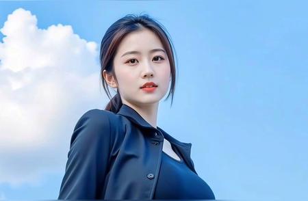 蓝天白云下的时尚穿搭，简约而不失优雅。