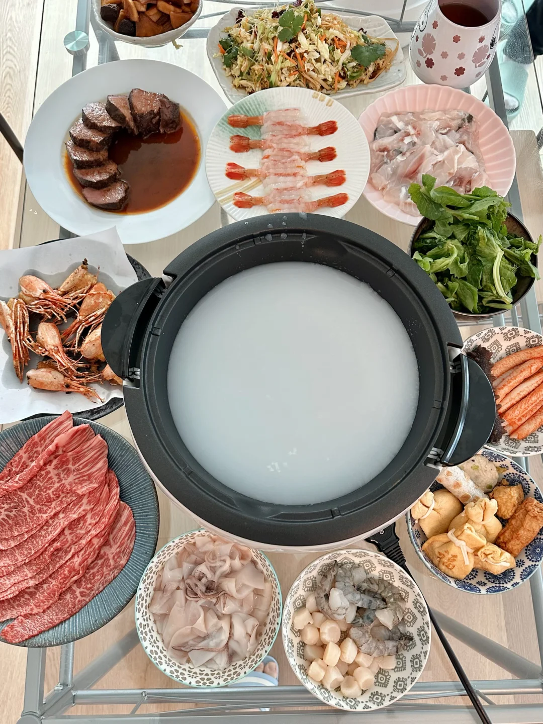 北美家庭版粥底火锅✅温润米汤涮菜超美味🍲