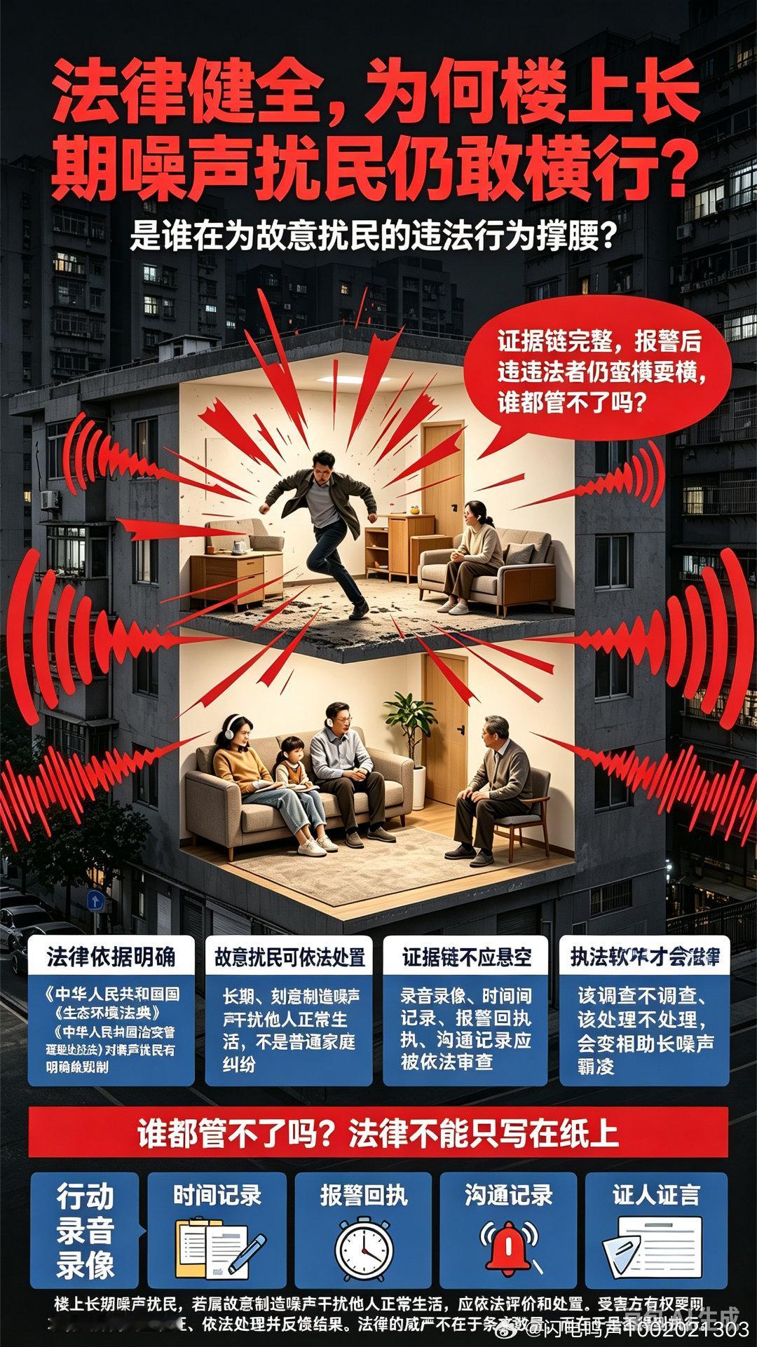 噪音霸权扰民“不是邻里纠纷，是噪音侵权！不是家务
事，是违法!

本人居住小区楼上住户长期刻意制造噪声，持续干扰我的正常休息与生活，侵害公民居住安宁权。本人已完整留存录音、视频等证据材料，多次拨打110报警，辖区民警上门处置期间，扰民行为人态度蛮横，拒不停止噪声扰民行为。
 
依据《中华人 ​