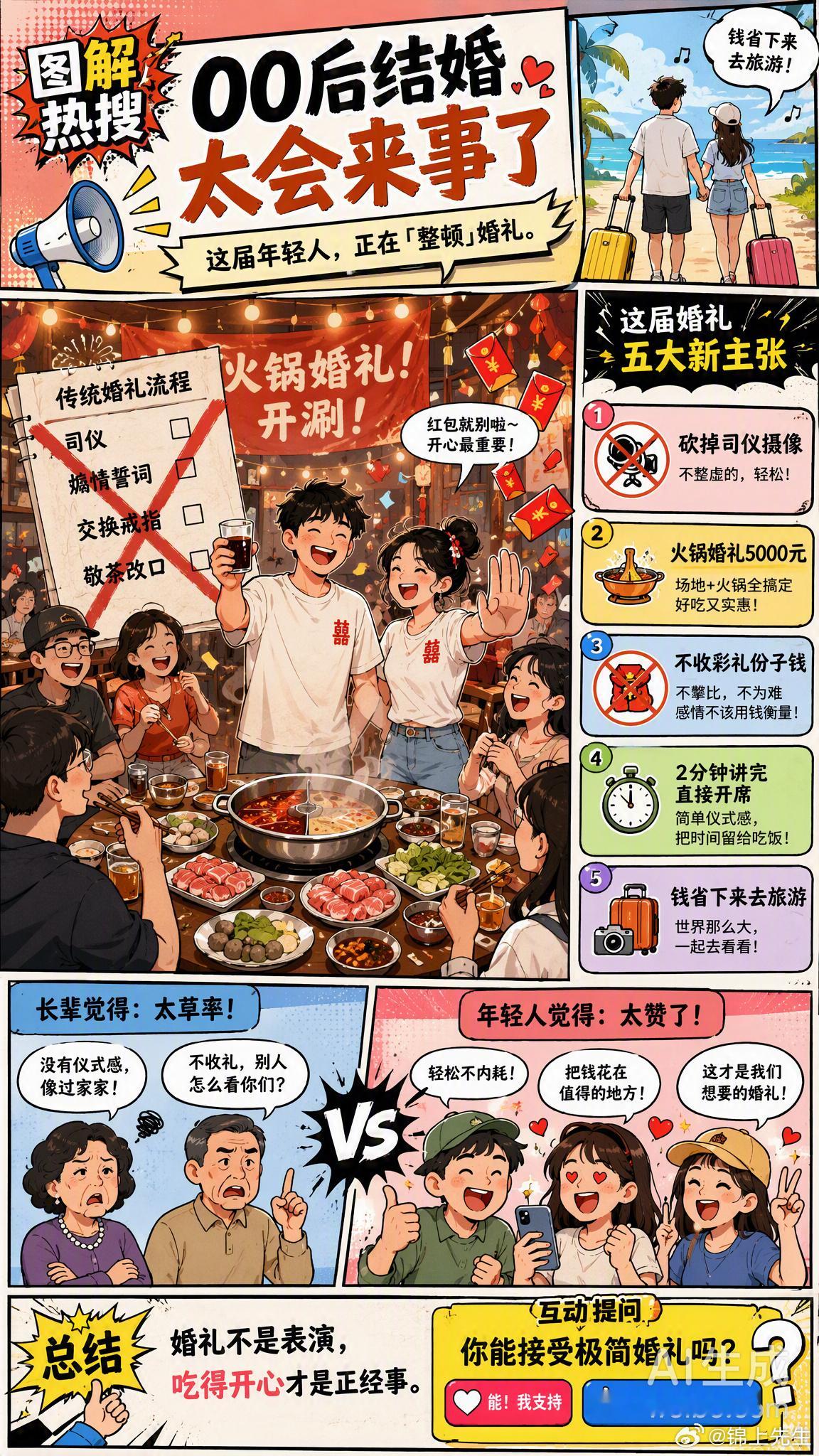00后结婚太会来事了 这届年轻人办婚礼，是真的在「整顿」了。最近刷到好几场00后婚礼，画风跟以前完全不一样：👉 河北霸州一对新人，直接砍掉司仪、摄像、伴郎伴娘，200多人到场，姐夫上台说了两句就喊“开席”，主打一个高效干饭。👉 河南一对小夫妻更绝，办火锅婚礼！不收彩礼、不收份子钱，20桌只花了5000块，乡亲还主动送自家蔬菜，烟火气拉满。👉 浙江绍兴一对新人自己主持，2分钟讲完直接吃席，“饭菜管够，欢迎打包”。以前婚礼像「大型表演现场」，新人累瘫、宾客饿晕。现在00后直接把面子工程拆了——不煽情、不攀比、不折腾，把钱花在吃好玩好上，剩下的拿去旅游蜜月。有人觉得太草率，也有人疯狂点赞。你怎么看？如果是你，能接受这种「极简婚礼」吗？👇情感热点创作激励计划