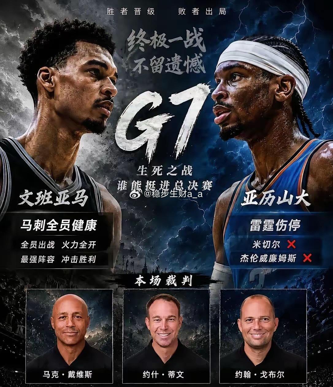 祸福难料！抢七大战主裁出炉！马刺雷霆生死战，胜负终究靠自己🔥  重磅...