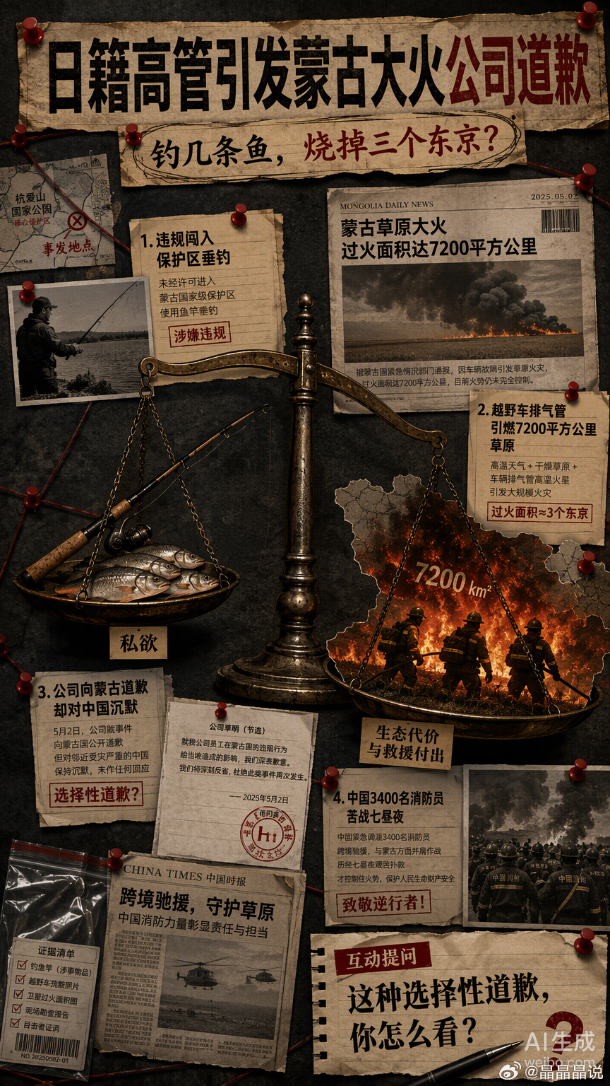 为了钓几条鱼，把7200平方公里的草原烧了，相当于三个东京的面积。

这事儿荒诞就荒诞在起因：日籍高管越智康博违规闯入蒙古自然保护区，坐的日产途乐因为底部护板缺失，排气管卷进干草自燃。特权加上疏忽，换来了一场生态灾难。

更让人无语的是后续的“选择性切割”。Mobicom 公司火速免职并道歉，但 ​