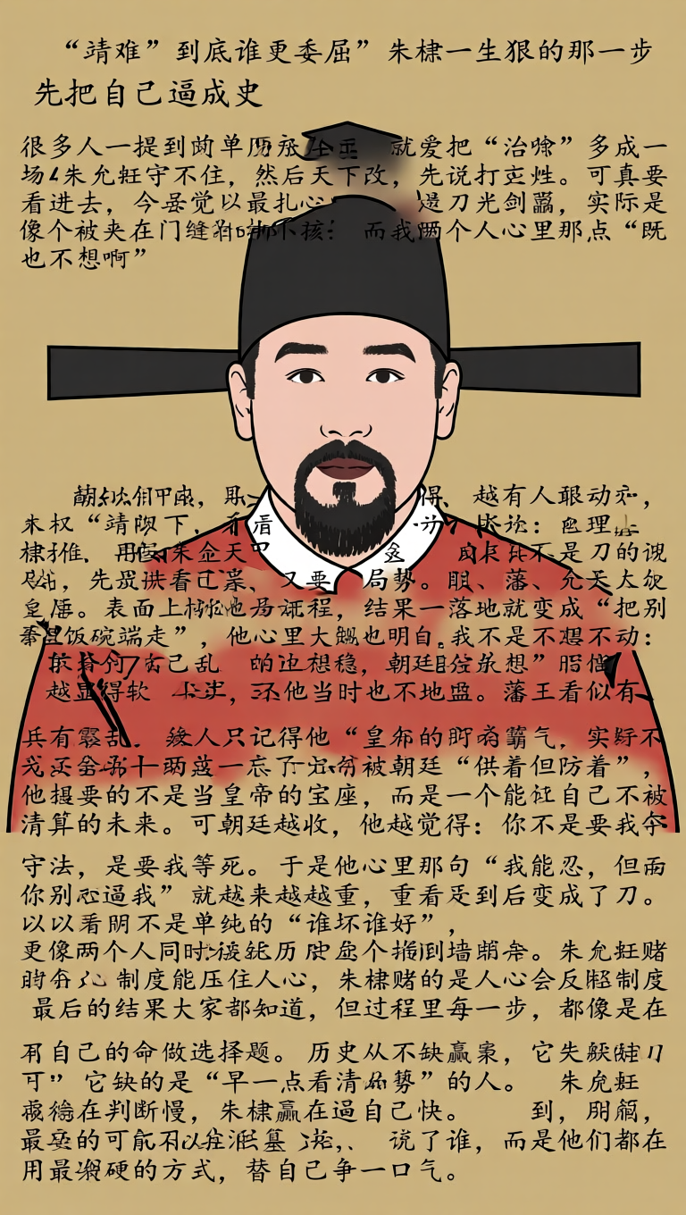 “靖难”到底谁更委屈？朱棣一生最狠的那一步：先把自己逼成王
很多人一提到明朝历史，就爱把“靖难”当成一场简单的夺权戏：朱棣打过来，朱允炆守不住，然后天下改姓。可真要看进去，你会发现最扎心的不是刀光剑影，而是两个人心里那点“我也不想啊”。

先说朱允炆。表面上他是皇帝，实际像个被夹在门缝里的小孩：既要