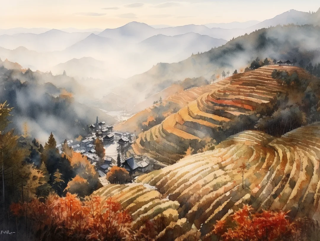 水彩 梯田