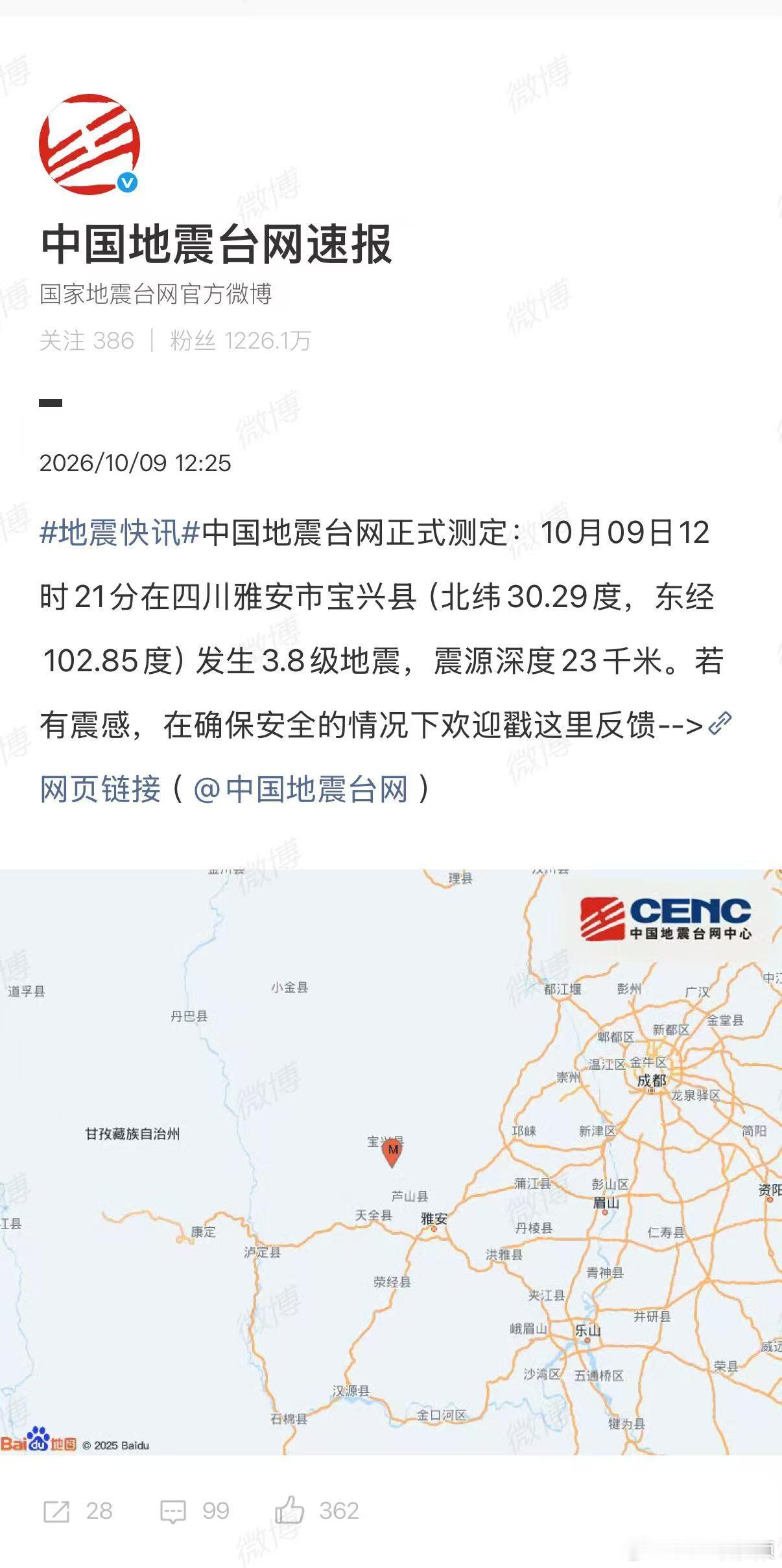 【#雅安震源深度#】#雅安震源深度23千米#10月9日，中国地震台网正式测定：10月09日12时21分在四川雅安市宝兴县（北纬30.29度，东经102.85度）发生3.8级地震，震源深度23千米，震中5公里范围内平均海拔约1316米。

根据中国地震台网速报目录，震中周边200公里内近15年来发生3级以上地震共585次，最大地 ​