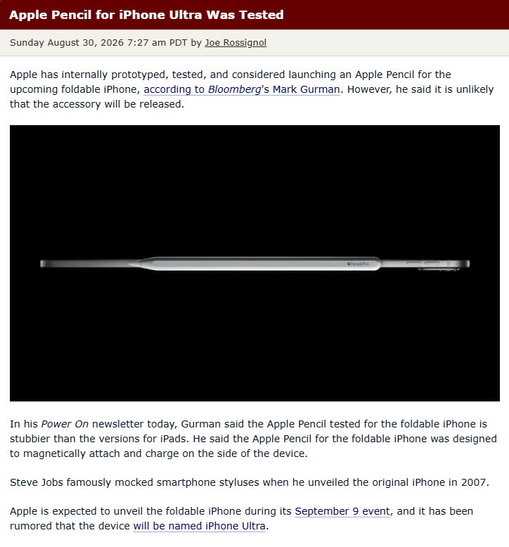 #苹果测试折叠屏iPhone专用手写笔#
马克·古尔曼表示，Apple Pencil可能不会在下个月公布，但他描述了这款产品的部分细节：
1.短，匹配iPhone Ultra的机身高度
2.通过磁性固定在侧面用于存储和充电
3.横握机身时会很“尴尬”，因为Apple Pencil会粘在侧面（其实就是硌手）
4.可能会在iPhone Ultra“娇嫩 ​