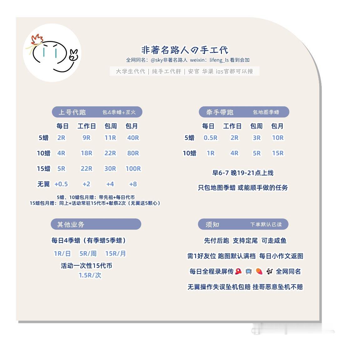 #光遇小卖部[超话]# 纯手工代，大蜡烛期间有福利
✦⋆｡˚ 纯手工代跑 ˚｡⋆✦

┈┈┈┈┈┈┈┈┈┈┈┈┈┈┈┈┈┈

✧ 牵手带跑 ＋ 代跑 ✧
┈┈┈┈┈┈┈┈┈┈┈┈┈┈┈┈┈┈
❀ 安卓 ＋ 华渠 ＋ iOS官❀
┈┈┈┈┈┈┈┈┈┈┈┈┈┈┈┈┈┈
✎ 全程录屏发平台🧣📺🍠🎵✎
✎ 无 ​