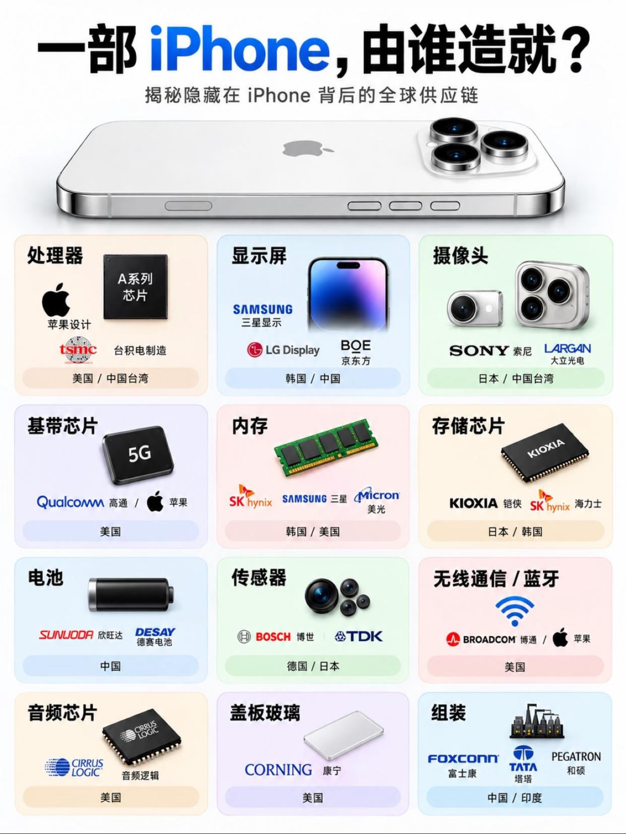 别以为iPhone是苹果自己造的，拆开看全是全球供应链的手笔。
核心A系列芯片是台积电在台湾新竹的3nm工厂代工生产，存储芯片来自韩国三星和SK海力士，屏幕高端机型用的是三星显示的OLED面板，中低端部分批次用LG Display和京东方的货。
组装环节90%以上的产能都集中在国内，由富士康、立讯精