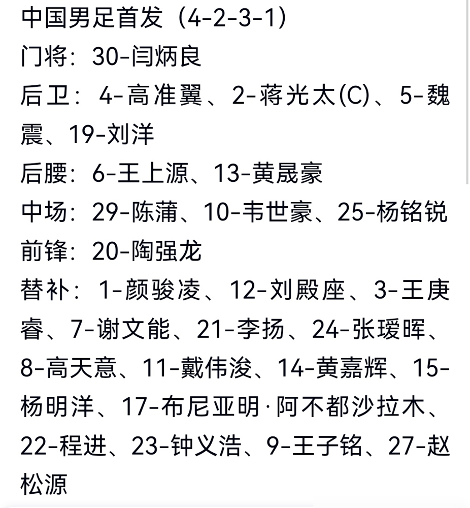 邵佳一让个联赛都没踢几场的门将上去，一上来就被灌了仨。闫炳良，津门虎的，国家队首秀，对面单刀直接打穿。下半场赶紧换颜骏凌，结果又丢俩，0比5。
输的是巴勒斯坦。60年没输过，这纪录破了。
阵型还是4-2-3-1，五个位置轮换，还塞了两个19岁的首发。赛后邵佳一说球员分心，联赛亚冠没结束，注意力不