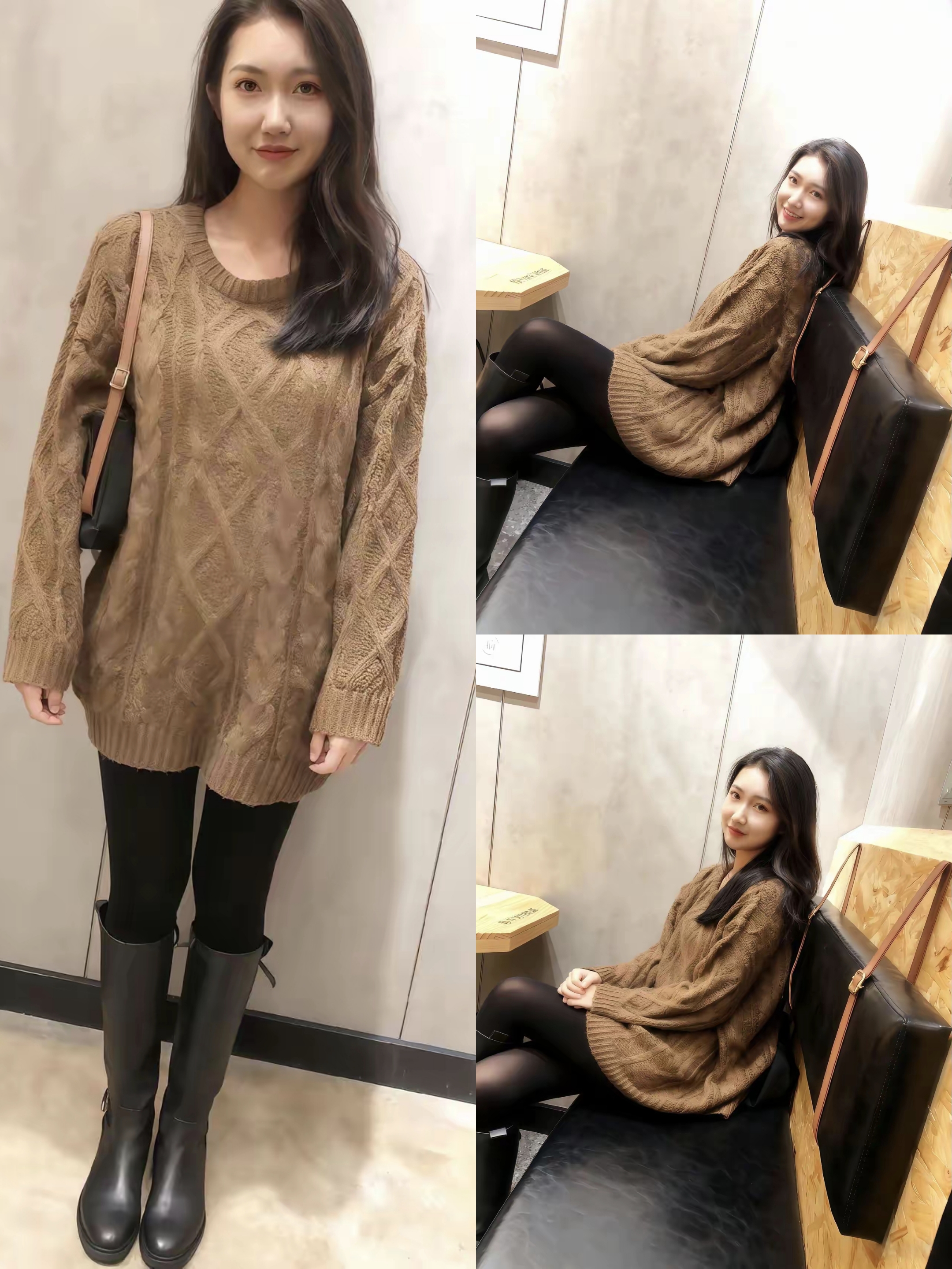 暖棕菱纹毛衣裹着松弛感，搭黑丝与长靴，甜柔里藏着轻飒。她倚在软椅旁，笑...