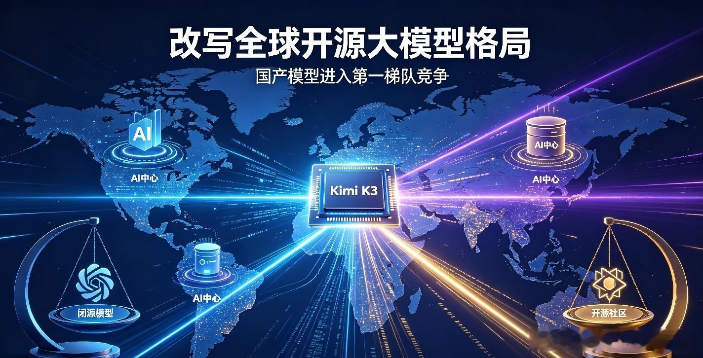 国产大模型Kimi K3开源，搅动全球AI开源竞争格局

Kimi K3登陆Hugging Face之后，快速引爆全球AI社区，也彻底改写全球开源大模型的竞争版图。

在此之前，前沿高阶能力基本被海外闭源模型牢牢把持。开源产品大多只能作为次一级替代方案。
而Kimi K3作为国产开源模型，多项编程、智能体基准测试拿到高分 ​