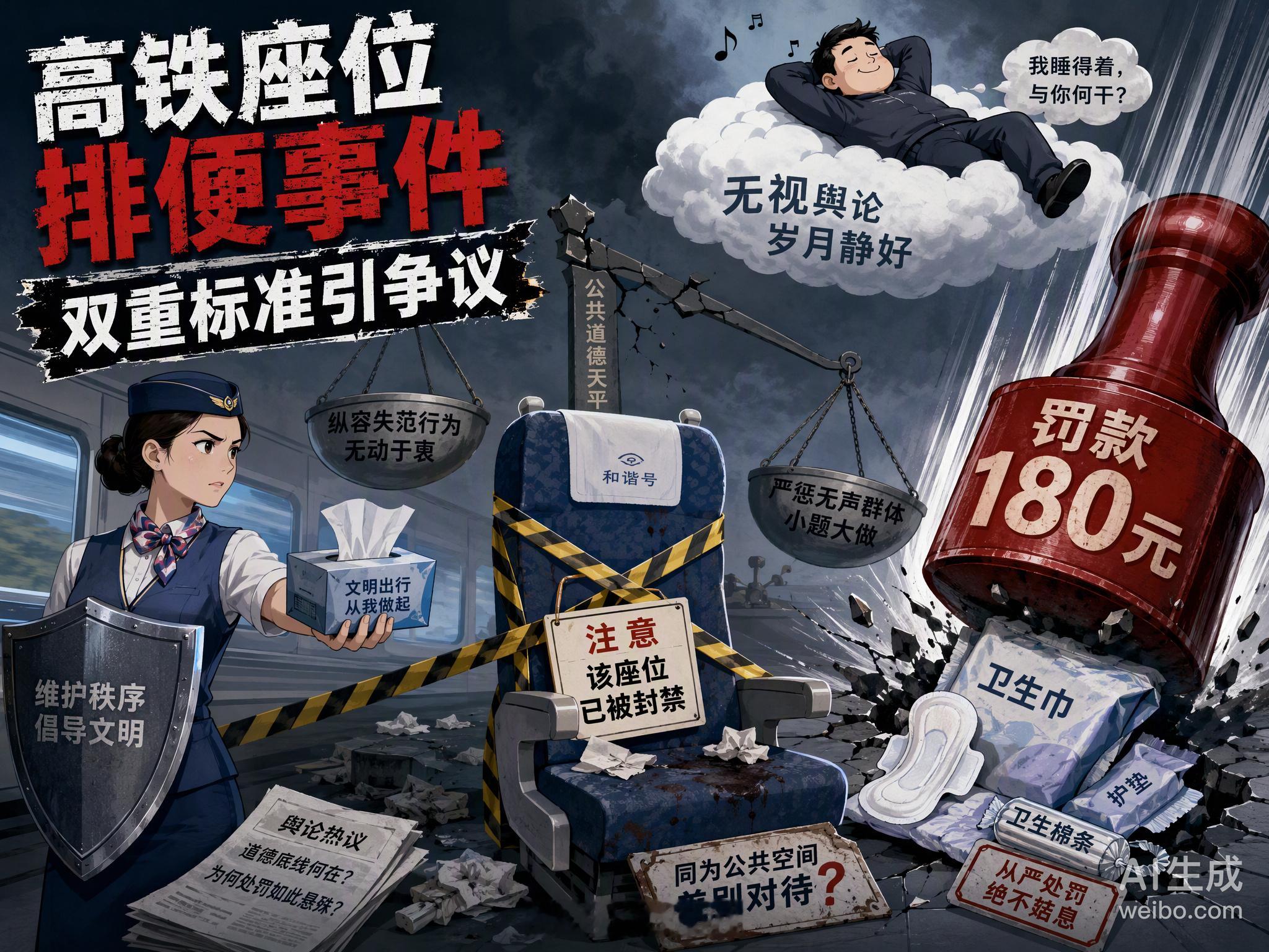 #高铁男子座位排便事件#🚄10月7日，G5899次高铁上，一名男子直接在座位上排便💩，乘务员递纸、遮挡帮他收拾，他事后还在座位上睡着；相关视频被全网下架，至今无公开处罚通报，与此前女性生理期弄脏卧铺床单被罚180元并遭网暴形成鲜明对比，引发“双重标准”争议。
高铁每节车厢都有卫生间，在座位 ​