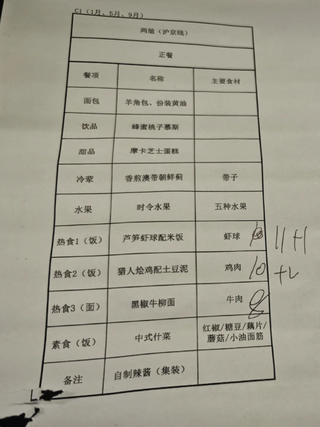 国航头等舱商务舱菜单，后台朴素真实版本
