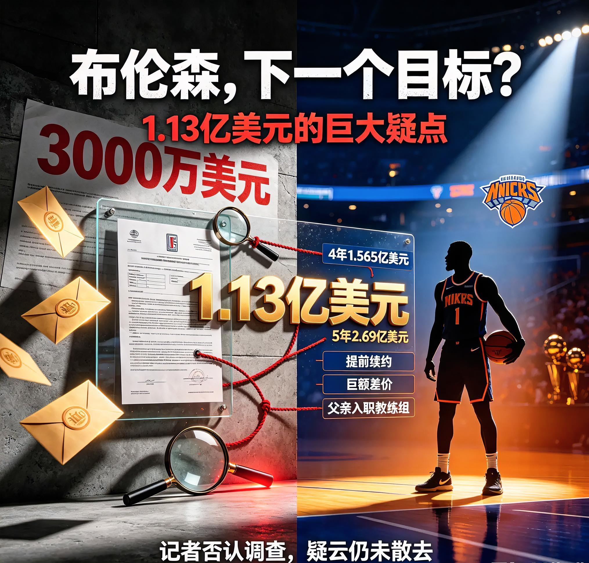 1. 1.13亿天价疑点！快船重罚之后，尼克斯恐重蹈覆辙？
快船队因伦纳德“阴阳合同”案被NBA重罚——剥夺5个首轮选秀权、罚款3000万美元，老板鲍尔默被禁赛一年——的硝烟尚未散尽，联盟的下一场风暴已悄然将矛头对准了卫冕冠军尼克斯和他们的新科FMVP杰伦·布伦森。

事件的焦点，源于布伦森那份令人