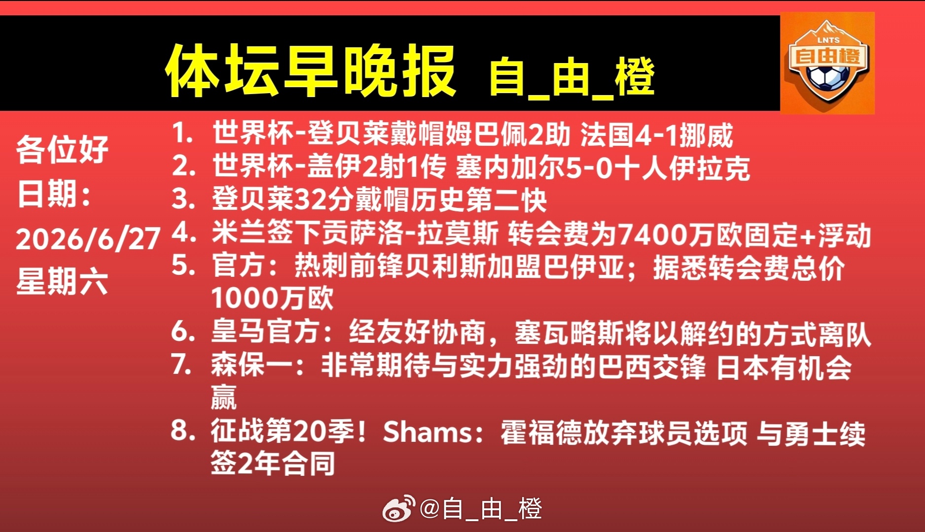 🌐《自由橙足球早报》 06.27 周六➭今日19:00 中超 第16...