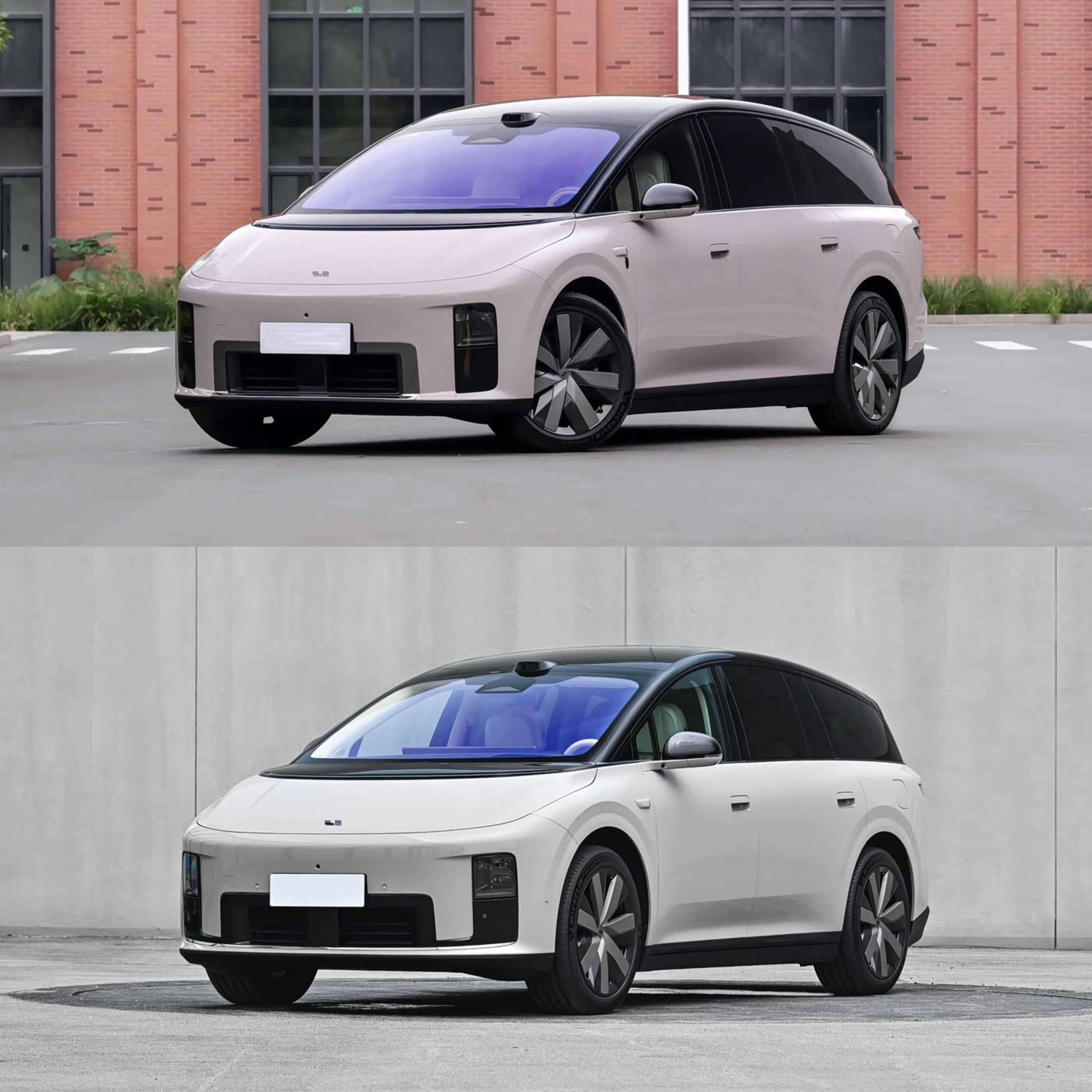 注意：这其实是两款车
已知
理想i9尺寸：5225×1970×1752，轴距：3168
理想i8尺寸：5085×1960×1740，轴距：3050
求问：图中哪台是i9？哪台是i8？