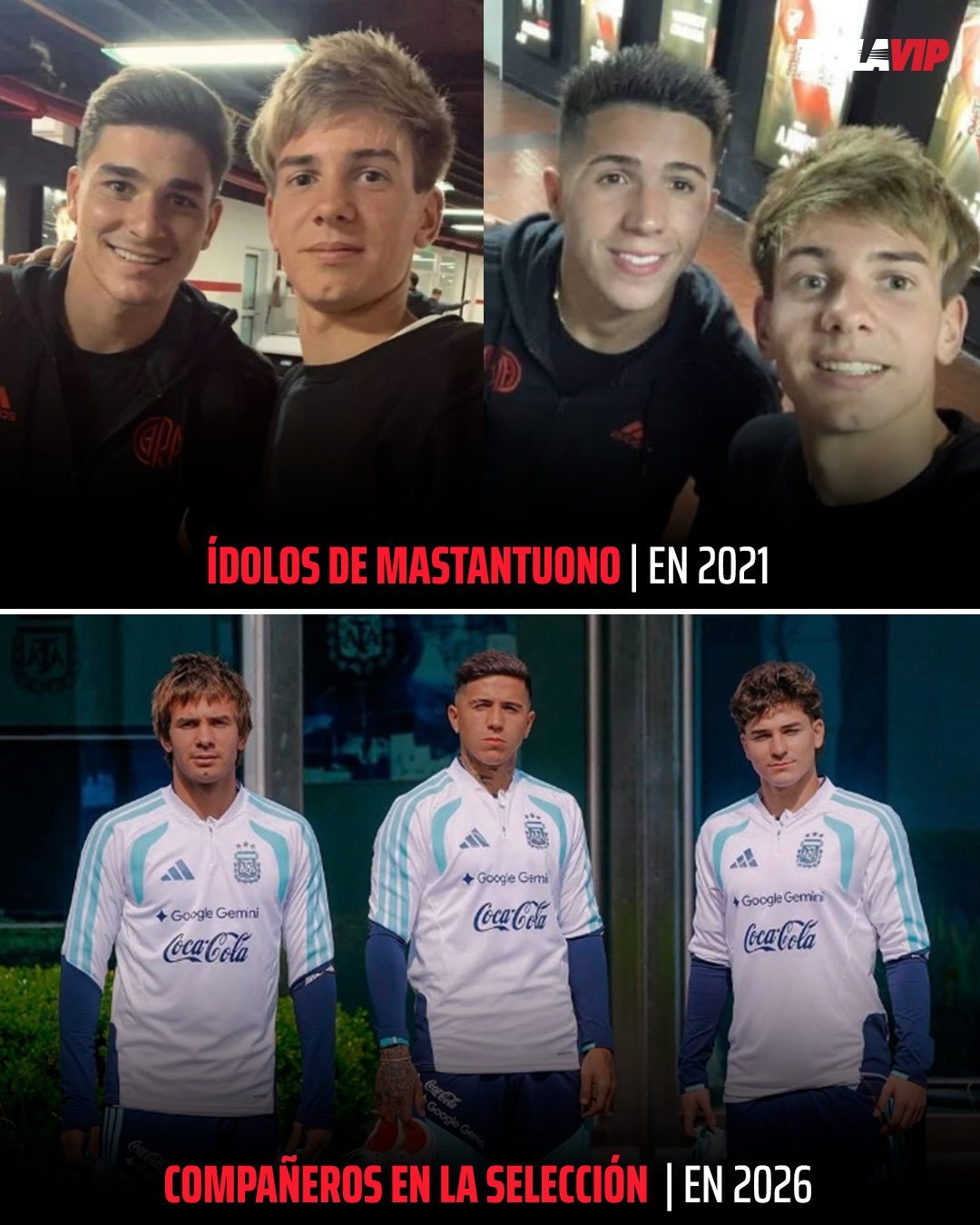 📸🇦🇷 14岁时，当恩佐·费尔南德斯和胡利安·阿尔瓦雷斯在河床队大杀四方时，弗朗哥·马斯坦托诺还在追着他们要合影。

如今，年仅19岁的他实现了儿时的梦想：成为了阿根廷国家队中他俩的队友。

#阿根廷国家队##恩佐费尔南德斯Enzo[超话]##阿尔瓦雷斯[超话]# ​