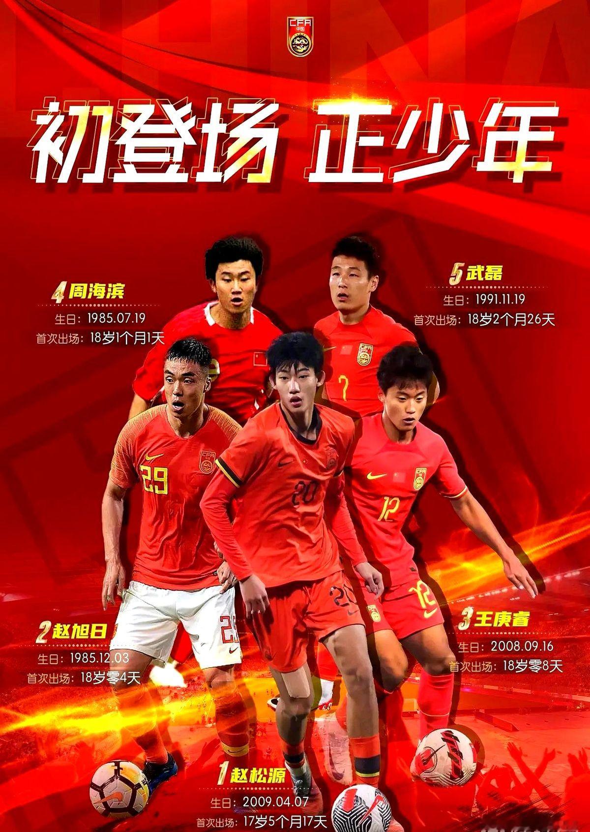 尘封23年的国足出场纪录，在重庆被一个17岁的半大孩子踩碎了。

9月24日打马尔代夫，赵松源替补登场踏上草坪，年龄定格在17岁5个月17天。直接把赵旭日霸占了23年的最年轻国脚铁王座掀翻。

同场比赛，18岁零8天的王庚睿也披挂上阵，硬生生挤进历史第三。至此排行榜大洗牌，赵旭日退居次席，周海滨和武