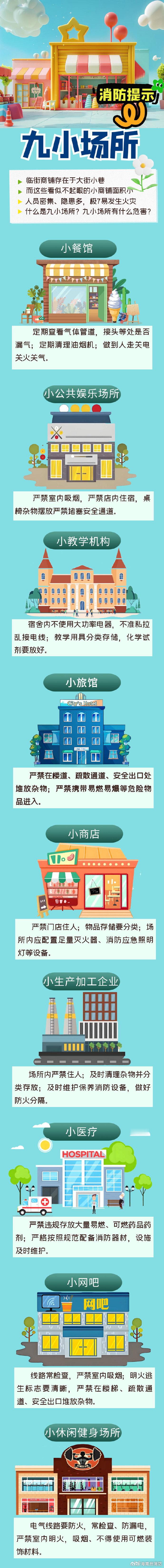 沿街饭店、商铺等“九小场所”点多量大，容易出现可燃物多、火源管理差、“三合一”等问题，“小场所”可能会发生大事故，这份安全提示请收好！ ​​​