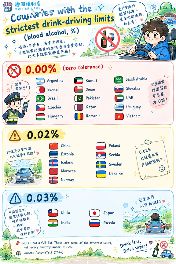🚗 全球哪些国家的酒驾标准最严格？