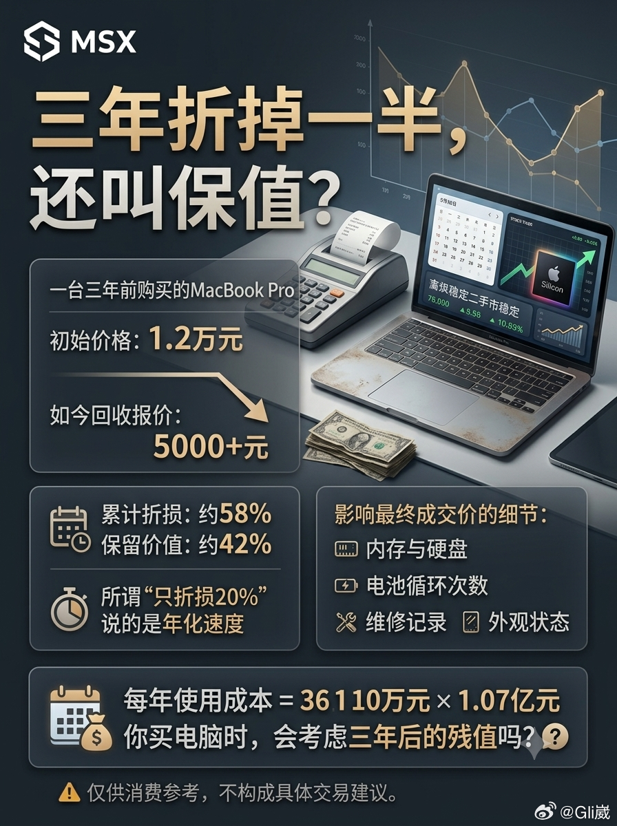 三年折掉一半，还叫保值？

一台三年前花1.2万元买的MacBook Pro，如今回收报价5000多元。乍看似乎很坚挺，但算清楚会发现：它保留下来的价值约为42%，累计折损其实接近58%。

所谓“只折损20%”，说的更可能是年化速度，而不是三年总跌幅。

不过，MacBook仍然称得上电子产品中的“耐用品”。型号相对 ​