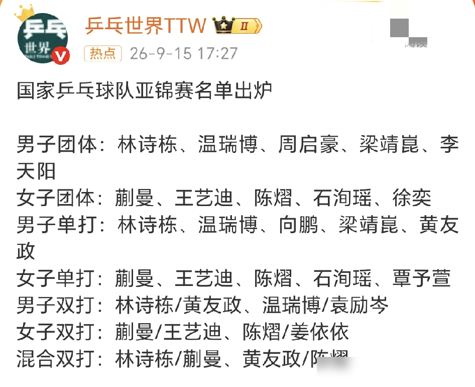 你听林诗栋说打得自己确实有一些乱那会儿，他肩膀上的伤还没完全利索，封闭训练里已经按一天连打三四场的节奏在磨自己了。
这次亚锦赛，教练组给他、蒯曼、陈熠压的不是单项任务，是四项连轴，男团女团、单打、双打、混双全挂身上。林诗栋在采访里没绕弯子，原话是既兴奋也有压力，更多的是兴奋，后头又补了一句：只要参