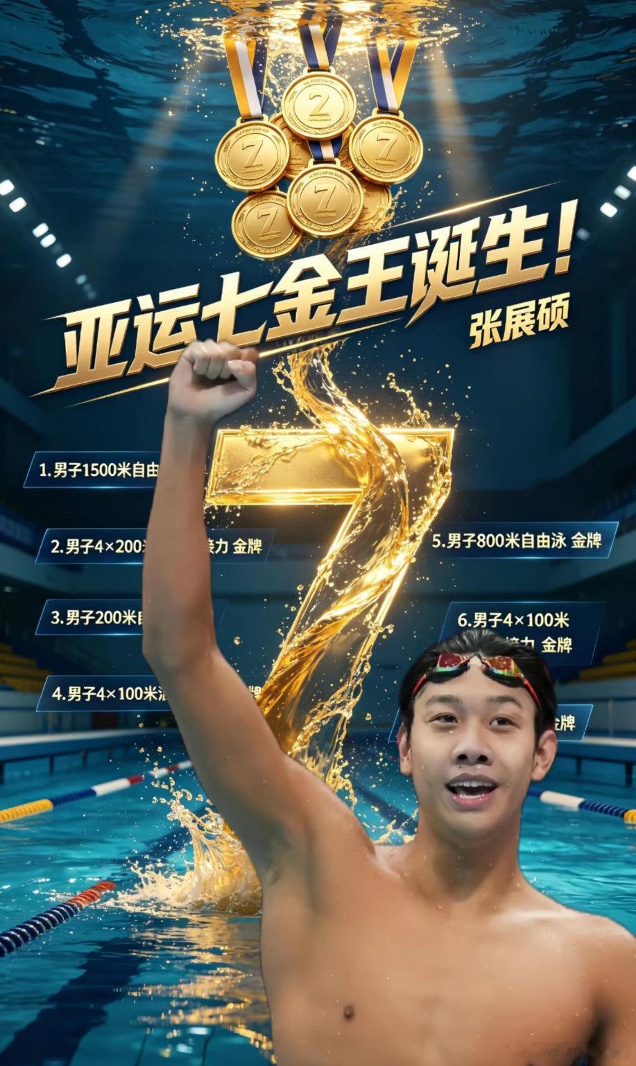 #中国游泳金牌数亚运赛史最佳#张展硕斩获7金成就传奇，书写全新历史！在自由泳赛场火力全开，实力实现全面统治，少年乘风破浪，未来可期🔥#张展硕7金王# ​