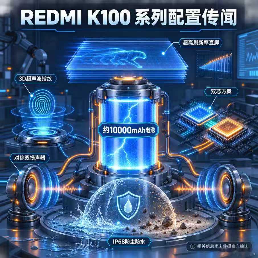 【数码快讯】据博主爆料，某厂子品牌一款新机工程机采用超高刷新率直屏、双芯方案、对称双扬声器、较大尺寸马达和3D超声波指纹，并支持IP68防尘防水。此前消息称，该机可能配备约10000mAh电池、骁龙8至尊版处理器和1.5K直屏。网友推测其属于REDMI K100系列，相关信息尚未获得官方确认。#REDMIK100# ​