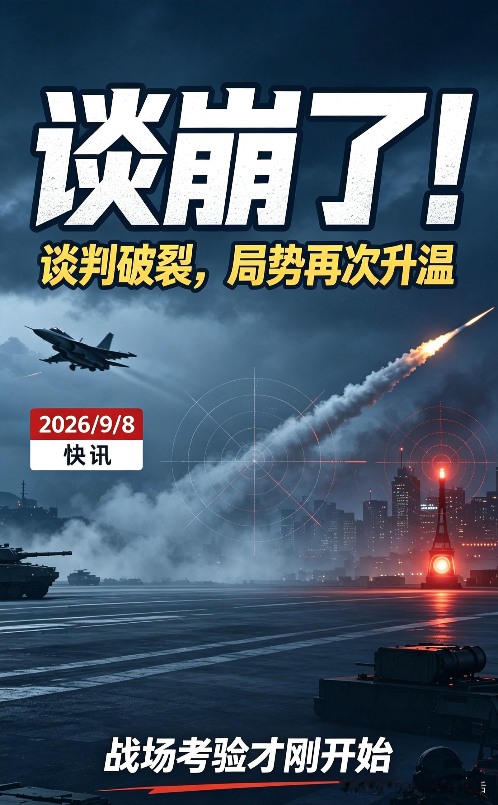 谈崩了！俄军大规模导弹空袭蓄势待发，乌克兰迎来生死大考
 
近期俄乌双方新一轮谈判陷入僵局，谈判宣告谈崩，战场的火药味再次急剧升级。俄罗斯方面正在集结力量，大规模导弹空袭蓄势待发，乌克兰正迎来一场严峻的生死大考。持续多年的俄乌冲突，又走到了一个充满变数的关键节点，牵动着全世界的目光。
 
谈判破裂，