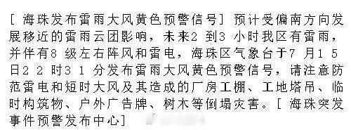 [海珠发布雷雨大风黄色预警信号]预计受偏南方向发展移近的雷雨云团影响...