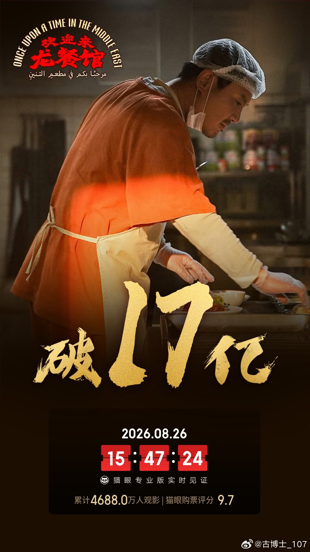 8月26日（周三）《欢迎来龙餐馆》单日再收4569万票房，累计票房达17.20亿，预测总票房25.10亿；《空枪》上映第8天，单日票房2432万，累计票房2.87亿，预测总票房7.03亿；《奥德赛》单日票房1408万，累计票房5.14亿，预测总票房7.17亿；《八仙！》单日票房1111万，累计票房17.74亿，预测总票房19.43亿； ​