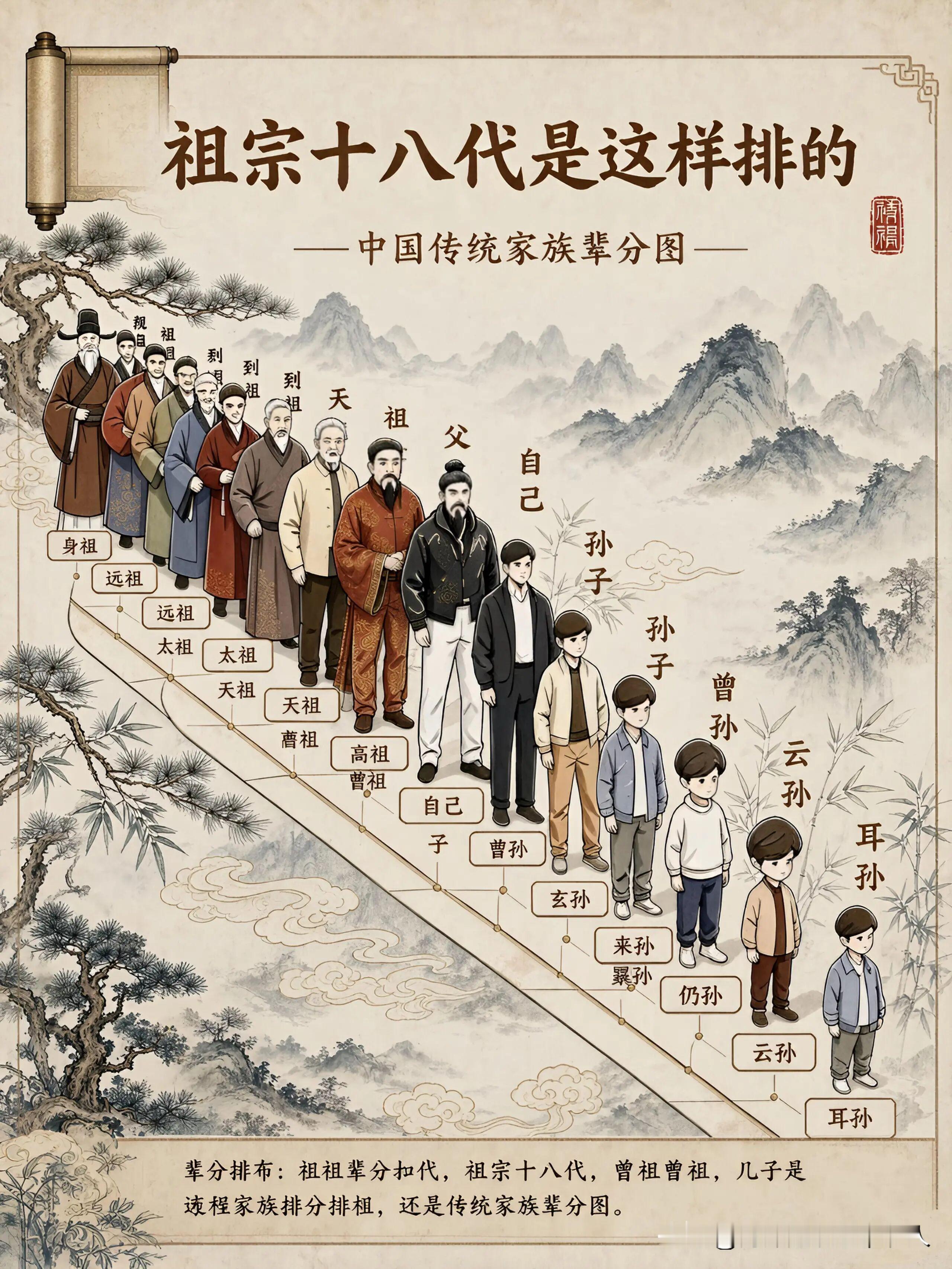 很多人嘴上常说祖宗十八代，但是一问具体怎么排，大多答不上来。
 
祖宗十八代，分为上九代、下九代。
 
往上追溯（上九代）：父亲、祖父、曾祖、高祖、天祖、烈祖、太祖、远祖、鼻祖。
 
往下延续（下九代）：儿子、孙子、曾孙、玄孙、来孙、晜孙、仍孙、云孙、耳孙。
 
中国人讲究血脉传承、慎终追远。一套辈
