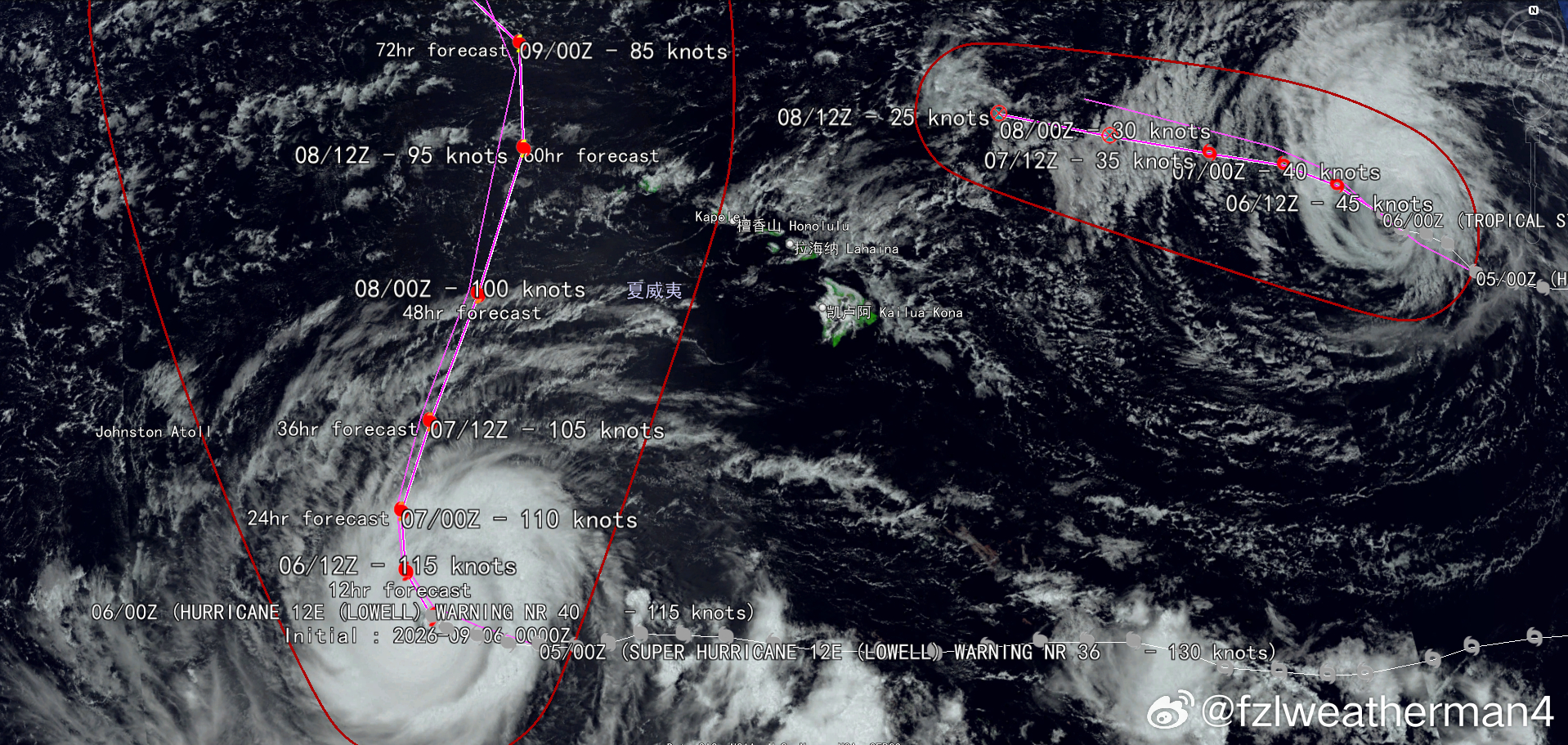 NOAA-20[钟]2026/09/05/23:50UTC [下雨] Tropical Storm Karina     Hurricane Lowell  eye ≈ 40 km
[话筒] AI: Karina正以接近6英里/小时（9公里/小时）的速度向西北偏西方向移动。预计未来几天将出现更快的偏西至西北偏西方向运动。最大持续风速已下降至接近60英里/小时（95公里/小时），预计还将进 ​