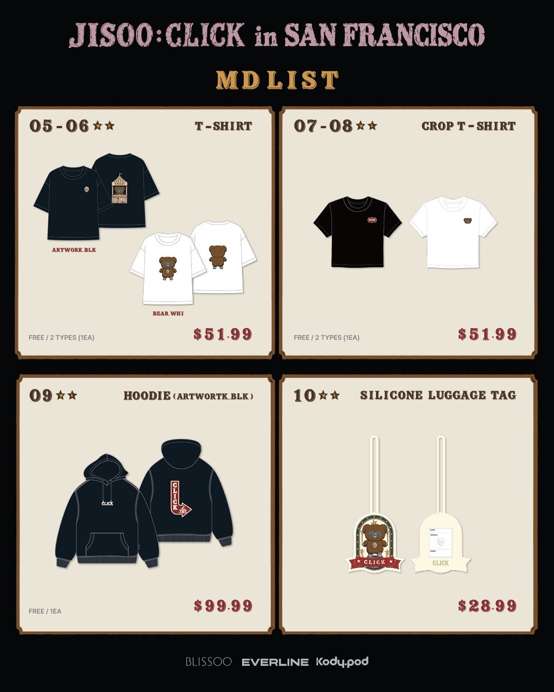 #kimjisoo[超话]#  🧸#金智秀新歌click# 
【图片】261020 智秀CLICK 美国旧金山快闪店相关

一起来看金智秀CLICK快闪店全部官方周边清单与售价！

🎁 周边购买福利
购买指定官方周边即可享受专属购买福利。
福利小卡图案，与韩国JISOO : CLICK快闪店发放的小卡为同款图。

📅 活动 ​