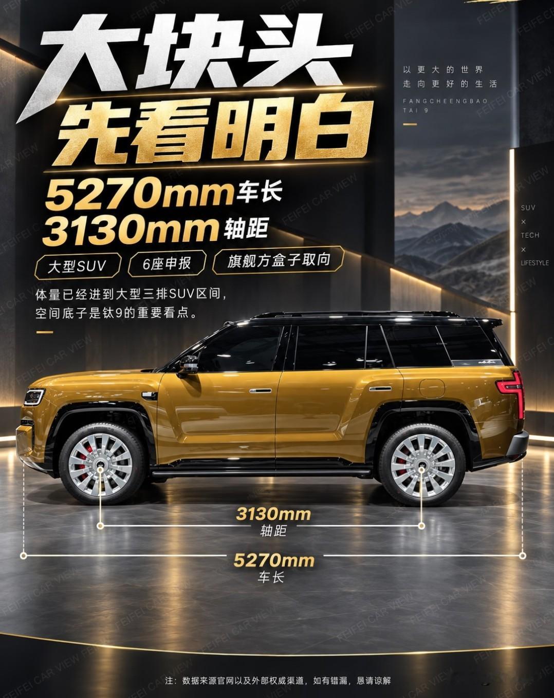 别盲目蹲钛9了，先拿实锤数据和钛7掰扯清楚升级点，也别漏了它的短板。
钛9定位全尺寸旗舰，轴距直接干到3130mm，比钛7多出210mm，车身总长也从4999mm拉到5270mm，终于不用像钛7那样只有固定大五座，主推2+2+2六座还能选5/7座，三排真能塞下成年人不憋屈。标配后轮主动转向，5米多的