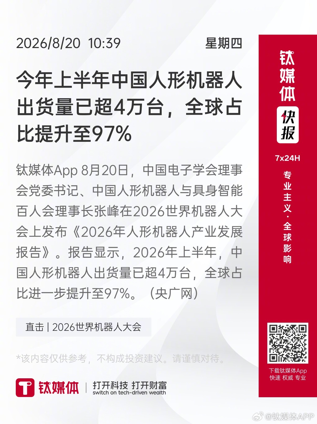 【今年上半年中国人形机器人出货量已超4万台，全球占比提升至97%】#2026世界机器人大会##直击WRC2026# 
钛媒体App 8月20日，中国电子学会理事会党委书记、中国人形机器人与具身智能百人会理事长张峰在2026世界机器人大会上发布《2026年人形机器人产业发展报告》。报告显示，2026年上半年，中国人形机器 ​