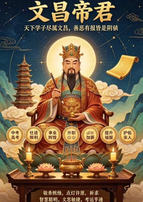 “天下学子尽属文昌，善恶有报皆是阴骘”，凡人升学考试、升职考试、应聘考试等都可向帝君祈求。文昌帝君灵验非凡，佑人考运亨通，官秩高迁，智慧聪明，文思敏捷。可以敬香燃烛、点灯许愿等方式哪些人可以或需要礼拜文昌帝君呢？1、面临高考，中考的学子或家长2、祈求仕途顺利，步步高升的缘主3、祈求事业顺利，再创辉煌的缘主4、祈求工作顺利，升职加薪的缘主5、祈求提升福报的缘主6、祈求亲人挚爱提升福报的缘主