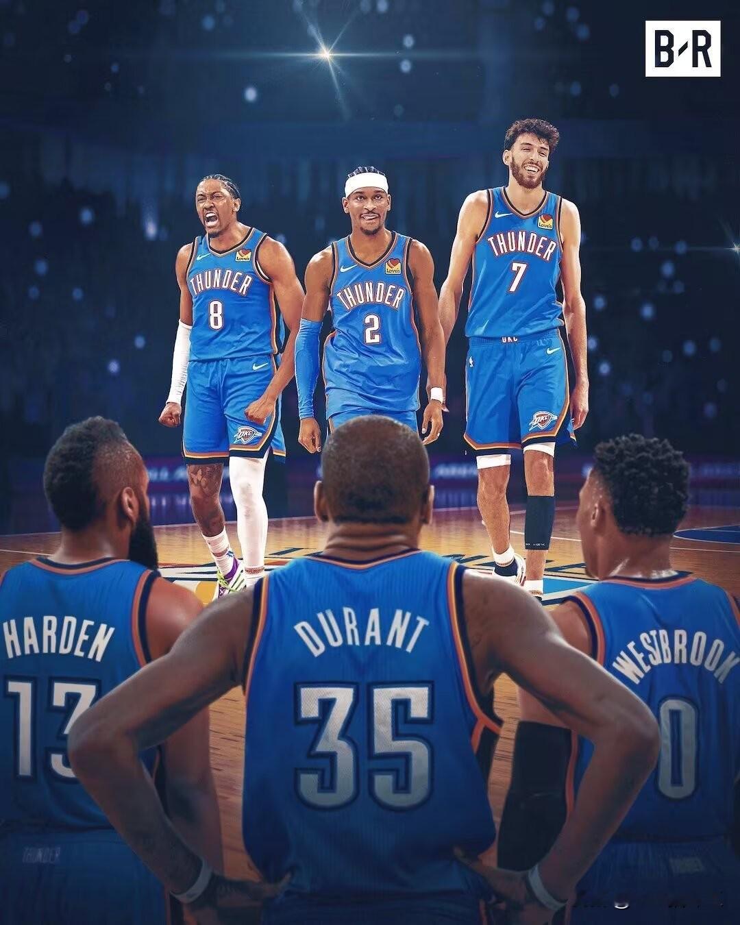 这面蓝色的球衣里，藏着两段跨越时光的雷霆故事。一边是哈登、杜兰特、威少...