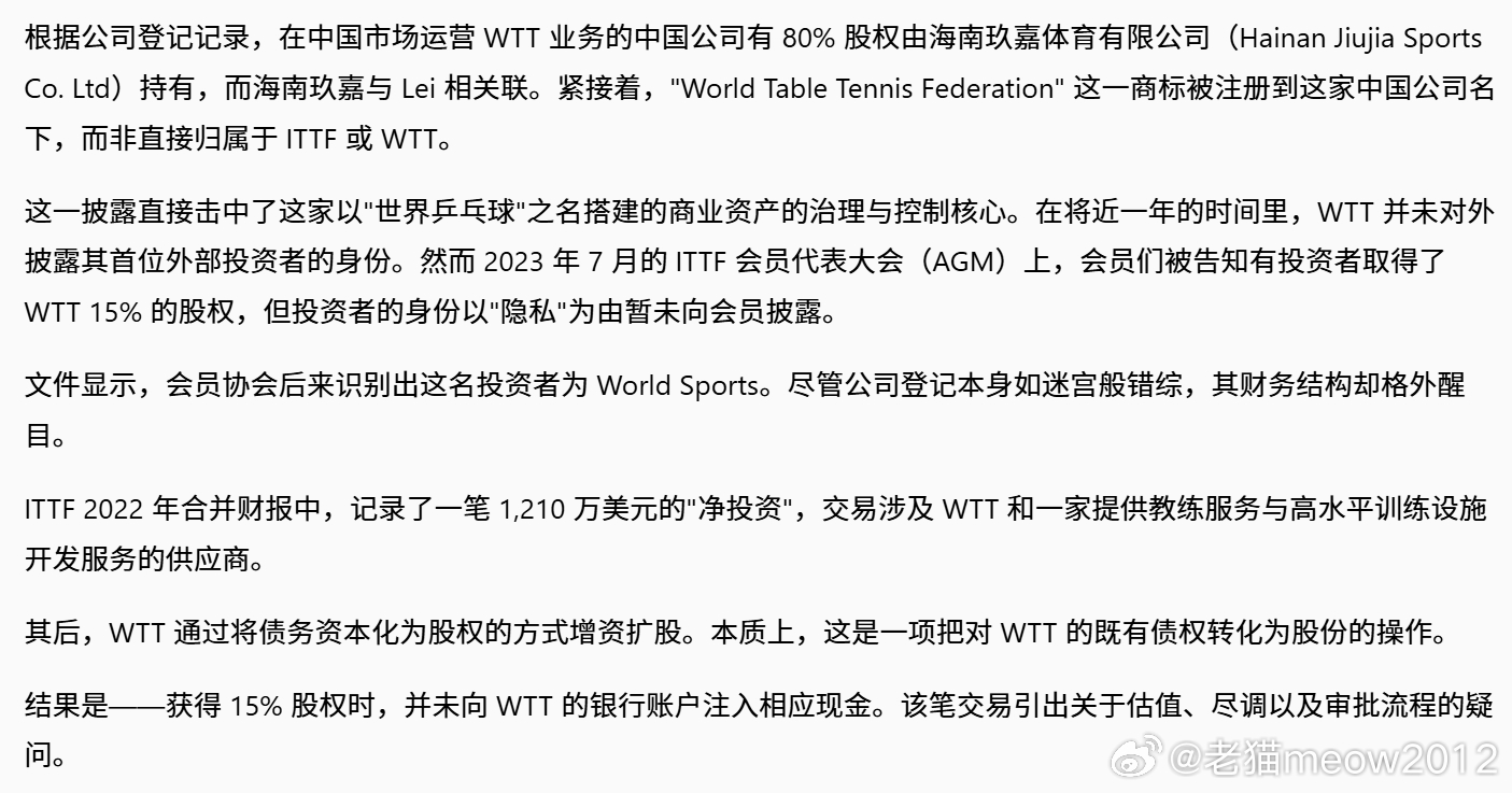 在中文网络无人在意的地方，有这样一篇发表文章：世界乒乓球如何沦为“犯罪现场”。
      该文发表于2026年9月18日，刊于Mail & Guardian。 全文翻译见下图（网址在最后）。要点如下：
     1. 世界乒乓球联合会ITTF旗下的WTT搭建了一个极其复杂、涉及全球18家公司的复杂网络，其中董事与股东高度重叠 ​