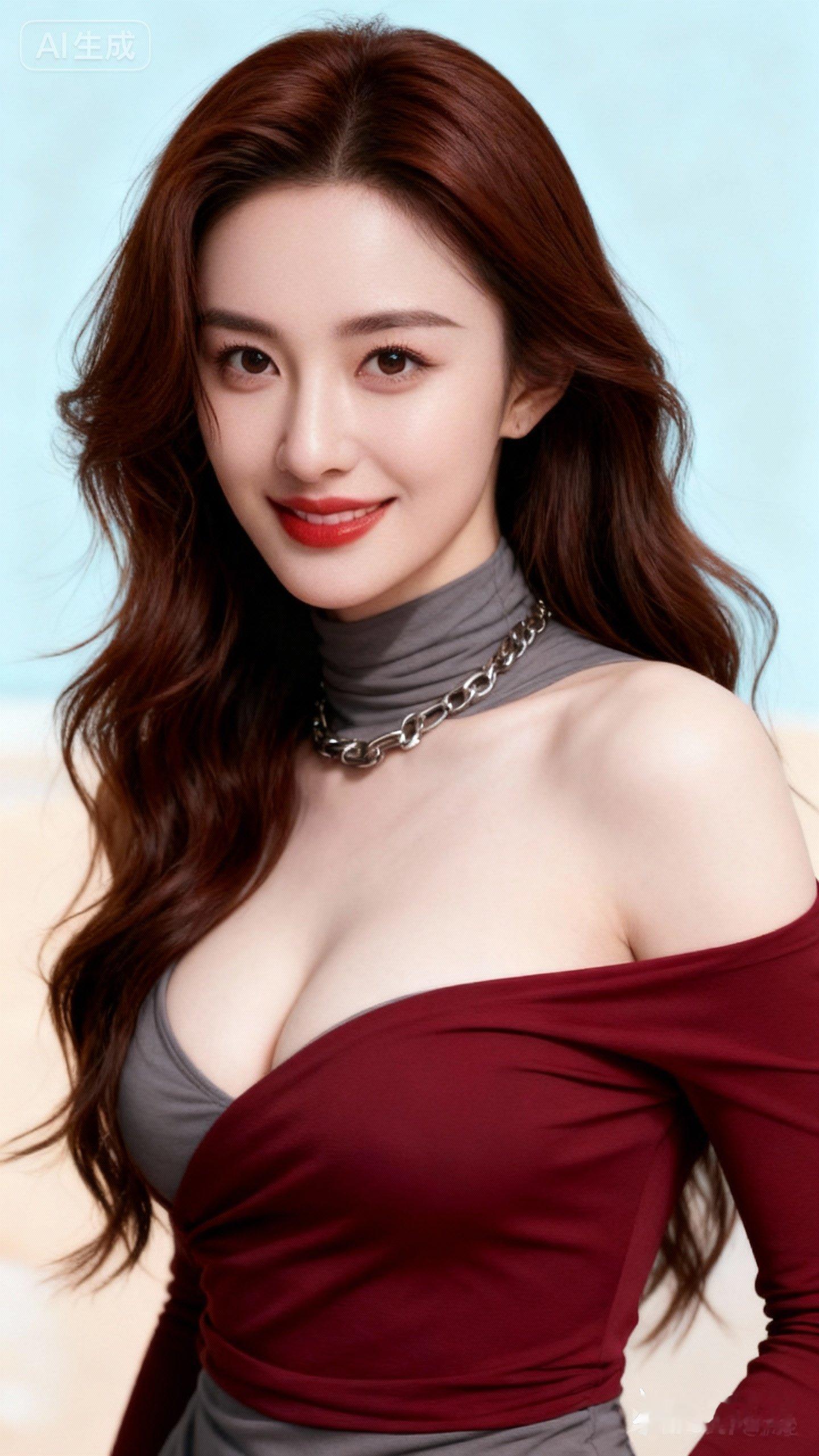 微距拍摄的中国现代美女高清头像，栗棕色长微卷发蓬松灵动，冷白皮肌肤红润...